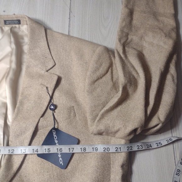 JOHN ASHFORD 3 Button Herringbone Blazer/Sport Coat-Beige-Silk-SZ 40L-NWT - Picture 13 of 15